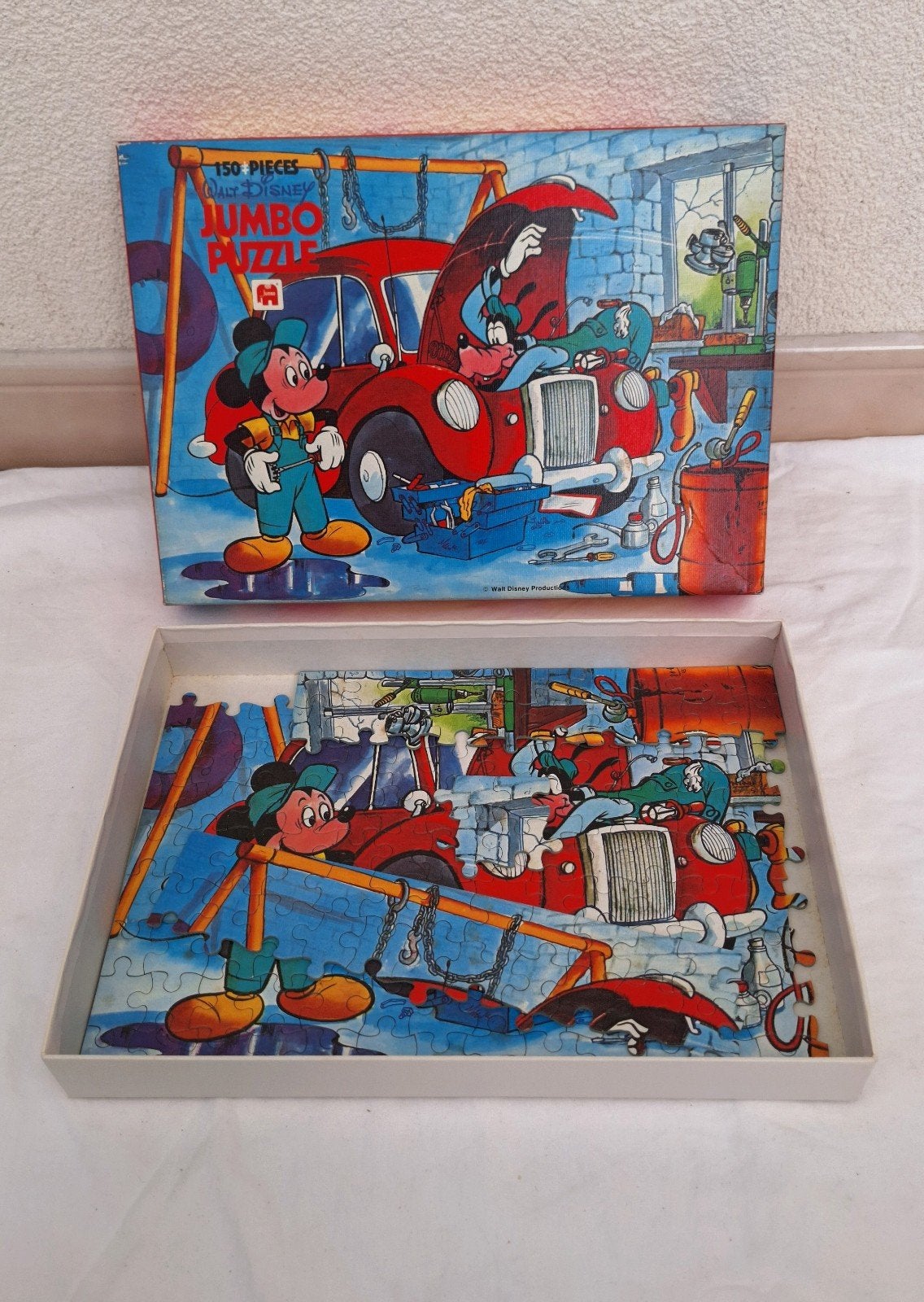Vintage Jumbo Disney Puzzel - Mickey & Goofy in Garage, Ophalen of Verzenden, Minder dan 500 stukjes, Gebruikt, Legpuzzel