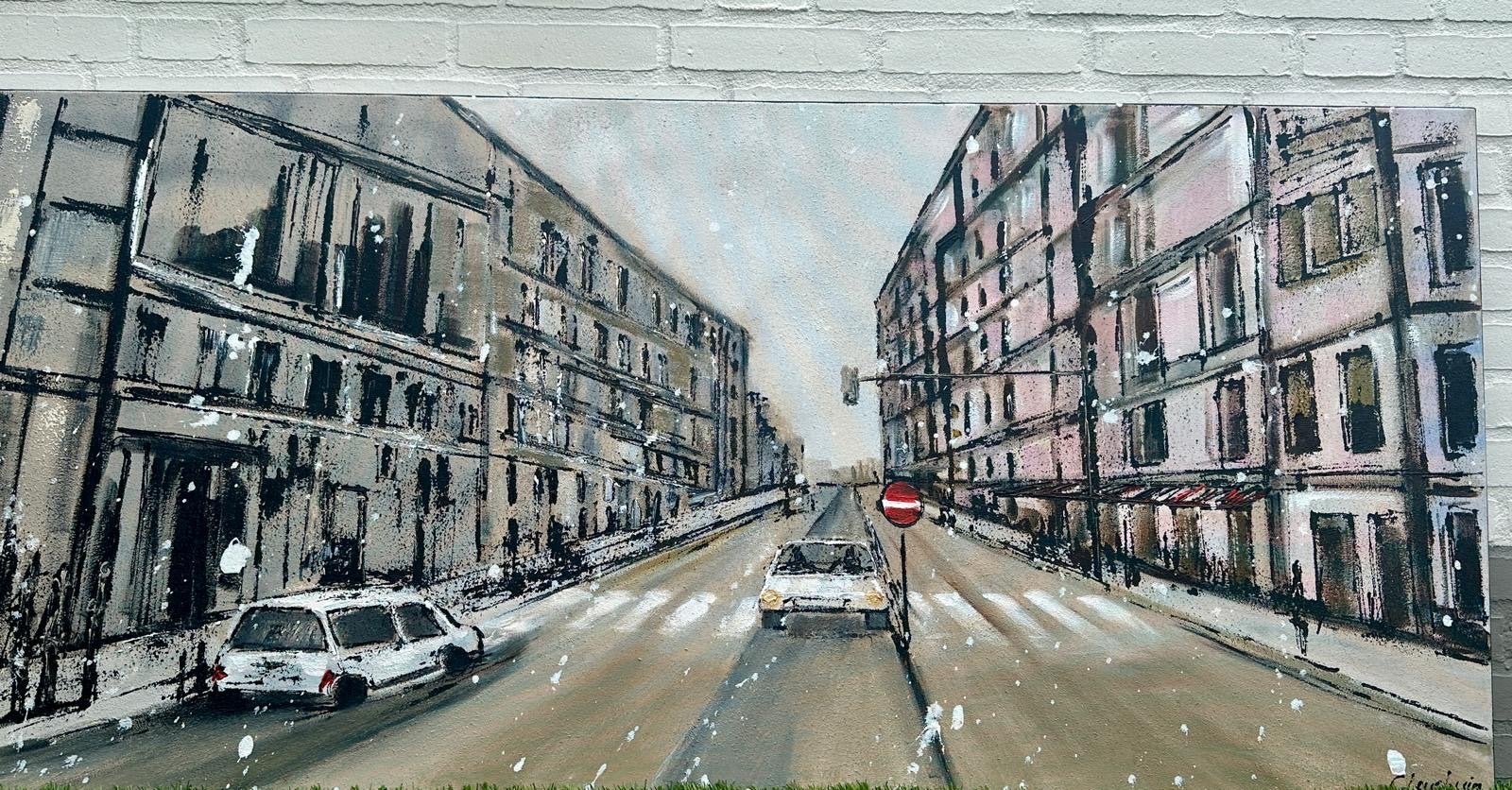 Modern schilderij stadsgezicht met auto's, gekocht in Oss, Ophalen