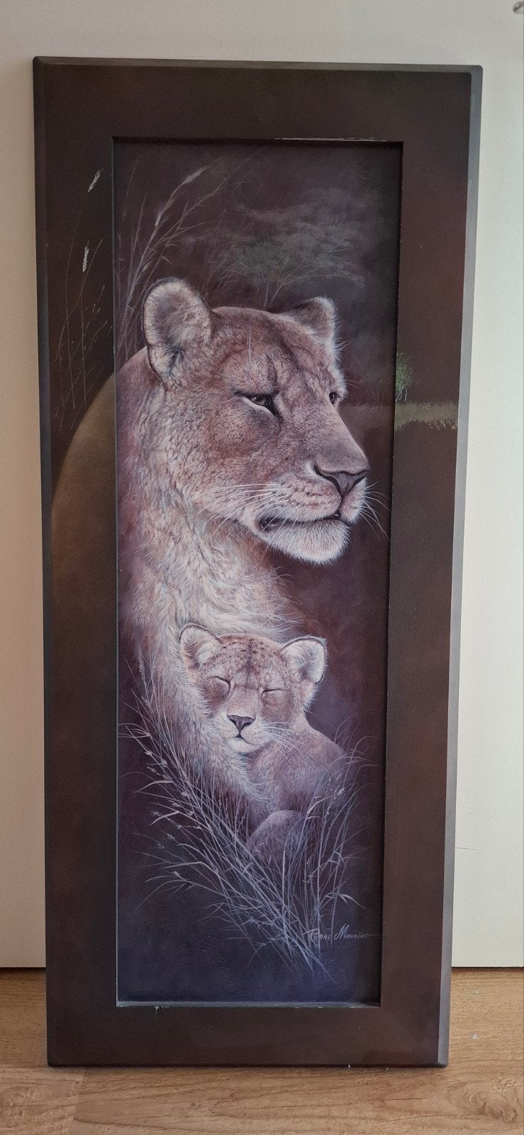 Schilderij leeuwin met welp - Afrikaanse wildlife kunst, Ophalen, Doek, Realistisch, Dieren