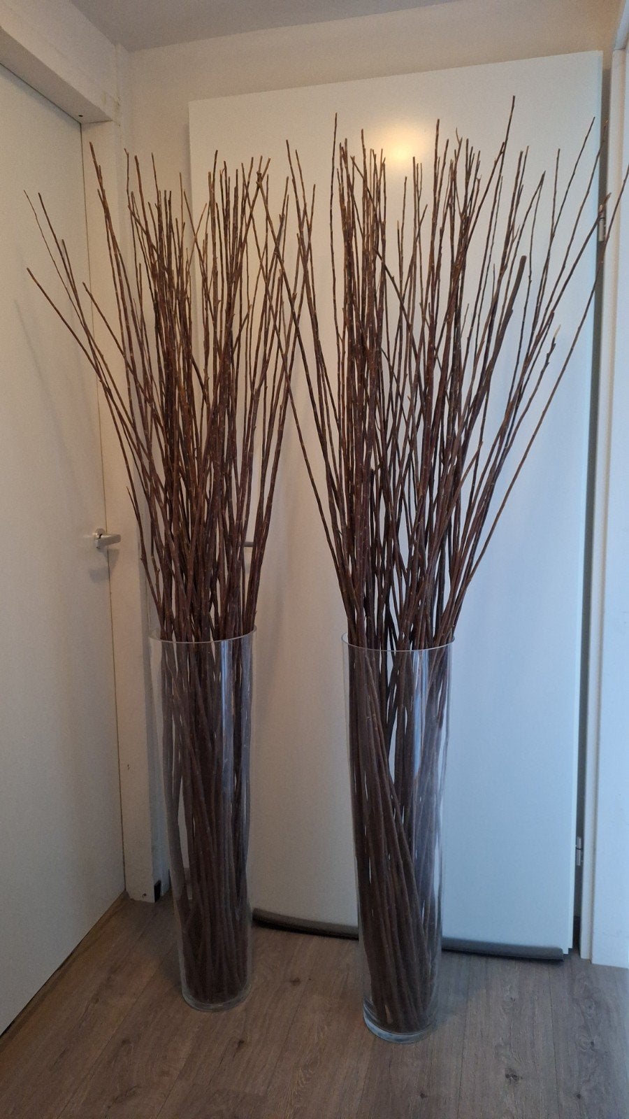 2 Grote Glazen Vazen met Decoratieve Takken - 1.90m Hoog, Ophalen, Gebruikt, Overige kleuren, Glas