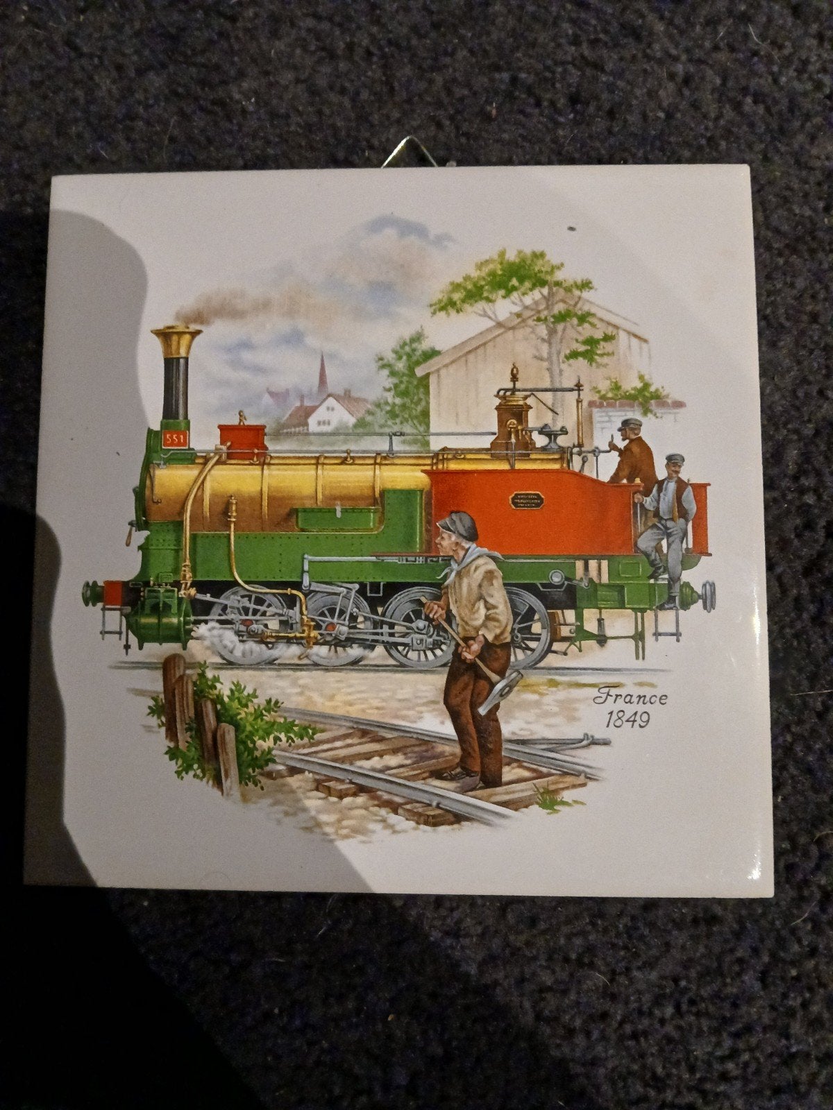 Vintage tegel met stoomtrein uit Frankrijk 1849, Verzamelen, Ophalen of Verzenden, Gebruikt, Trein, Overige typen