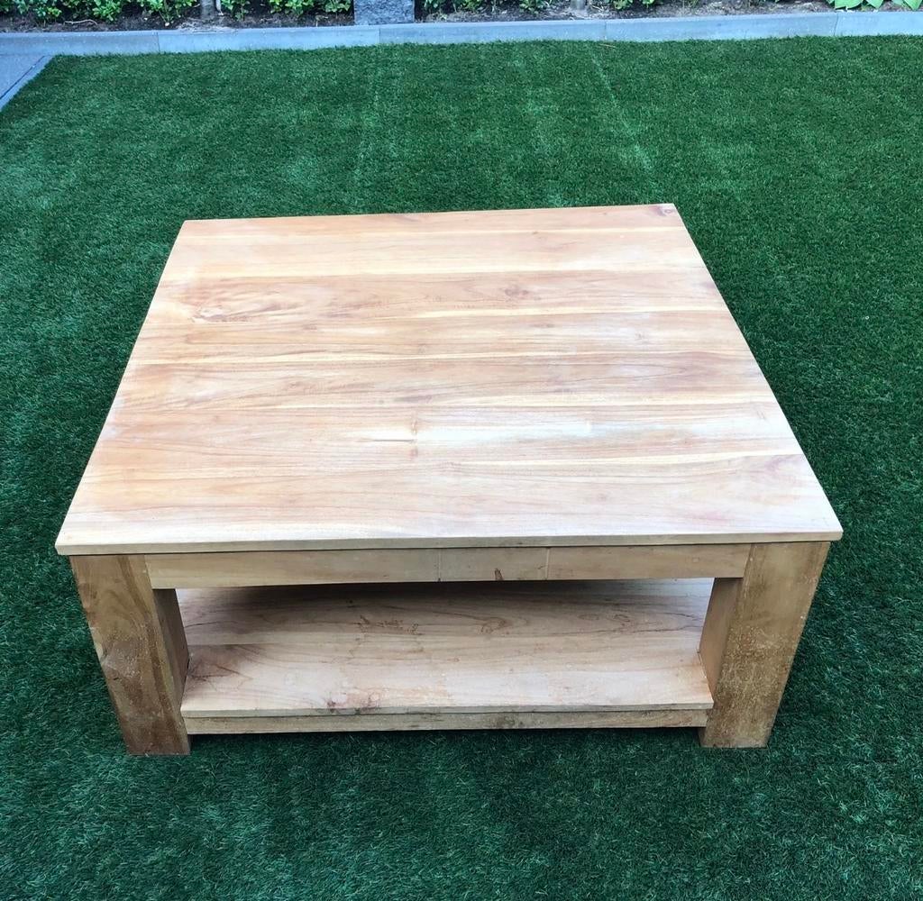 Teakhouten tafel 100x100 met onderblad, Ophalen, Gebruikt, 100 tot 150 cm, 200 cm of meer