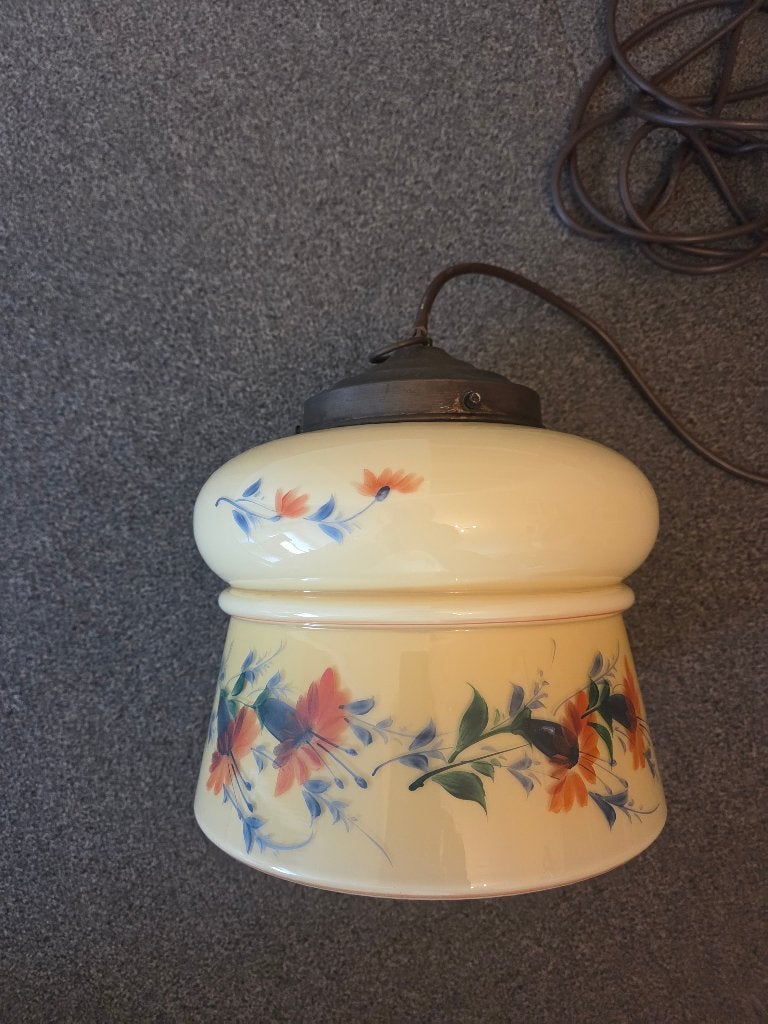 Vintage art deco hanglamp van glas met bloemmotief, Ophalen of Verzenden