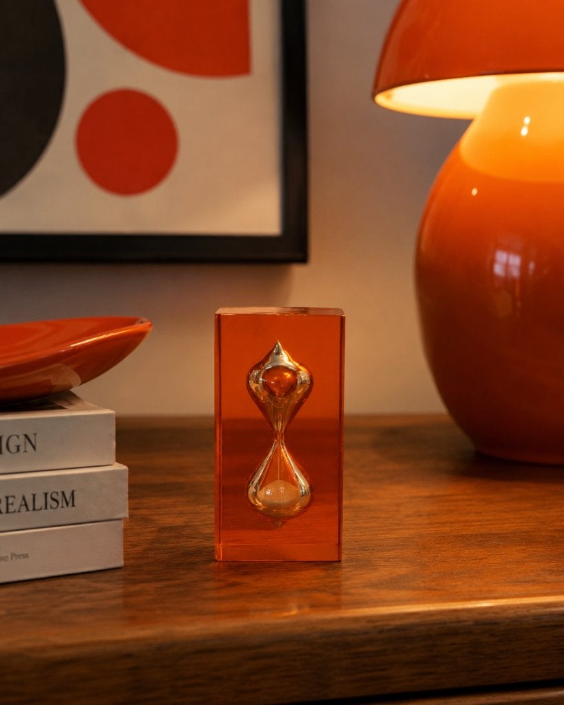 Zandloper jaren 70, Pierre Giraudon - oranjehars Lucite, Glas, Oranje, Handgemaakt, Object