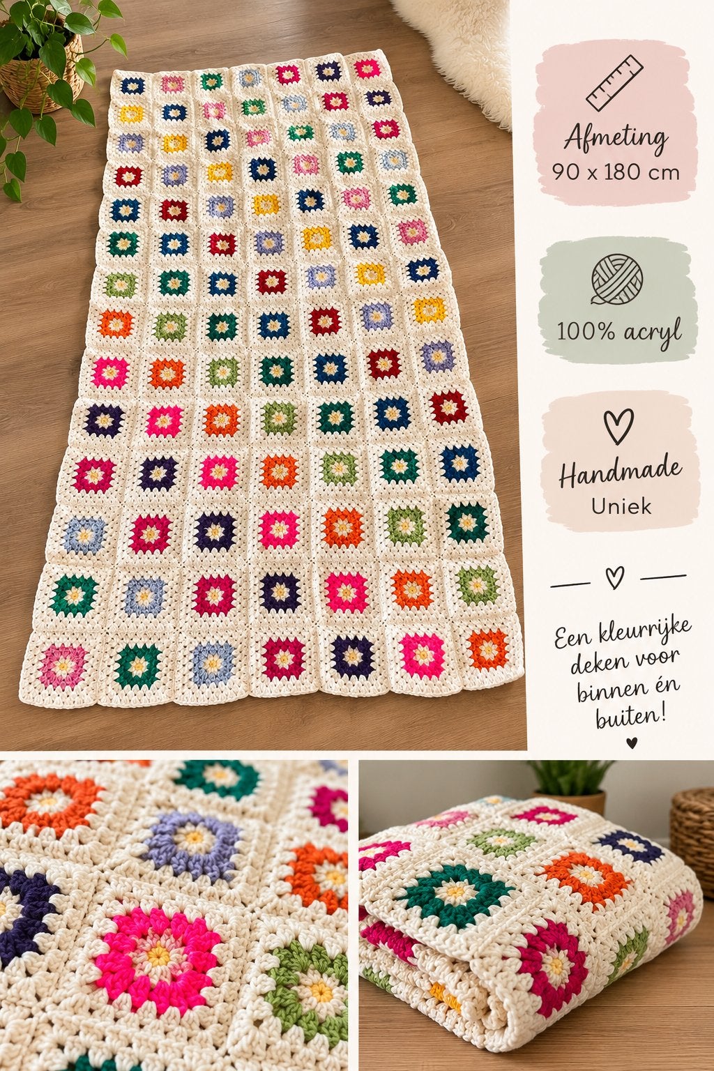 Handgemaakte gehaakte deken - Granny Square - 90x180 cm, Overige merken, Meerkleurig, Nieuw, Ophalen of Verzenden
