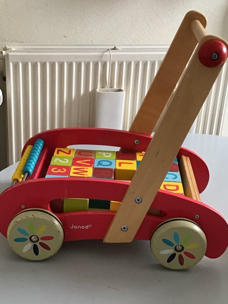 Janod, houten duwkar, loopwagen met blokken, educ, vintage, Ophalen, Gebruikt, Duw- of Trekspeelgoed
