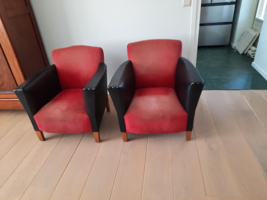 Vintage Fauteuils - Rood Rib en Zwart Skai, Ophalen, Gebruikt, Vintage, 75 tot 100 cm