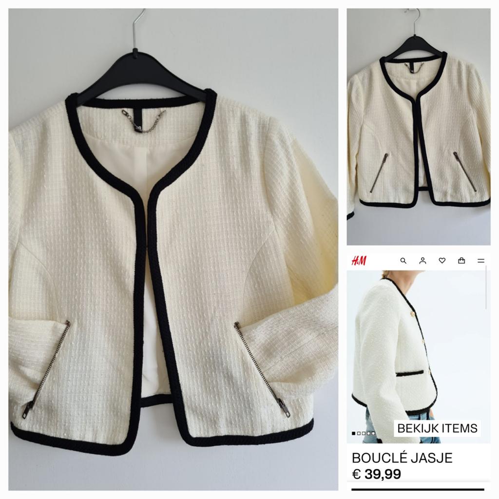 H&M bouclé jasje in de kleur room wit met zwarte bies.
Mt 40, Maat 38/40 (M), H&M, Wit, Ophalen of Verzenden