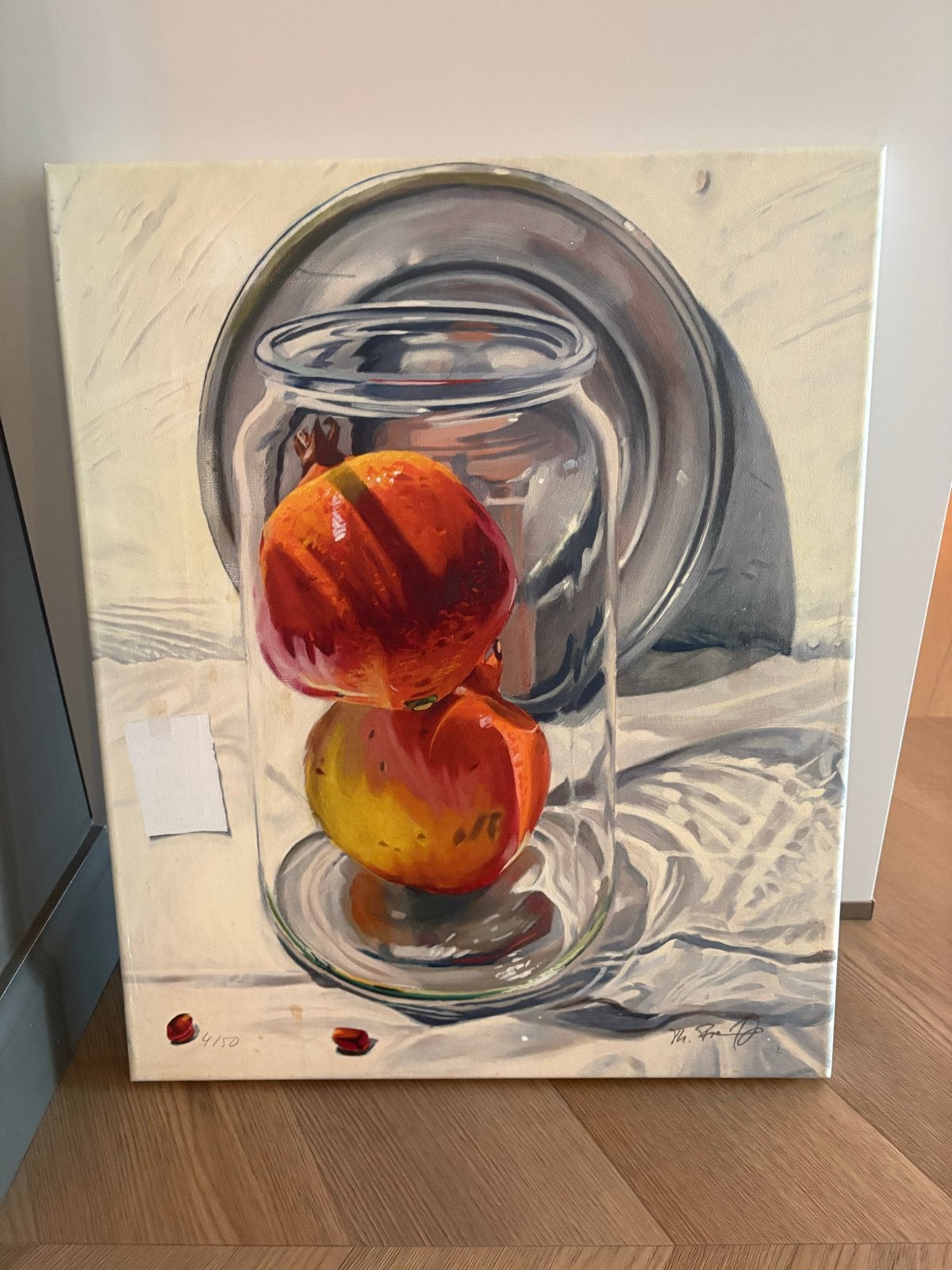 Stilleven met granaatappels in glazen pot, gesigneerd, Antiek en Kunst, Doek, Realistisch, Stilleven, Ophalen of Verzenden
