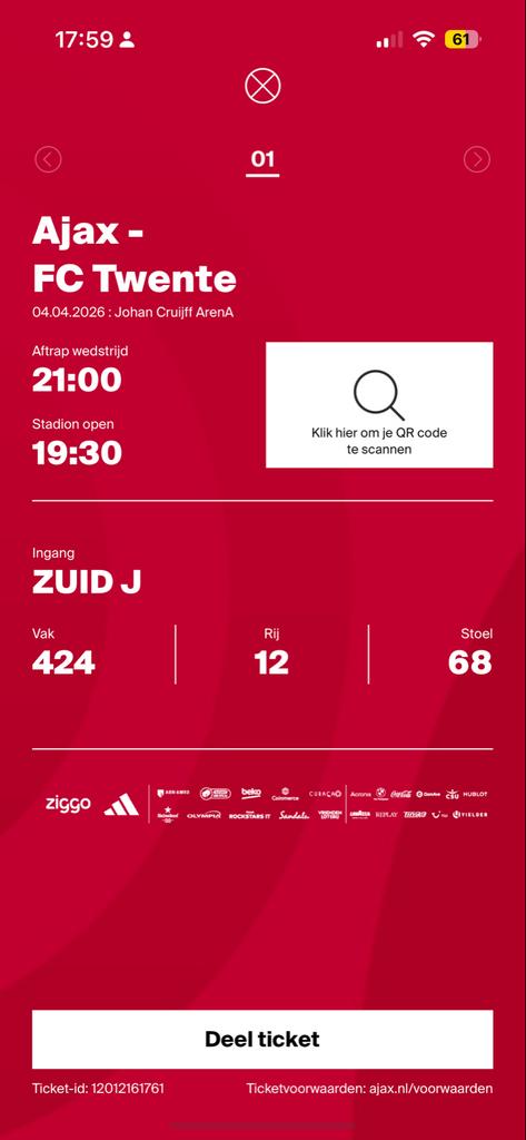 ajax vs twente ticket, Tickets en Kaartjes, Eén persoon, April
