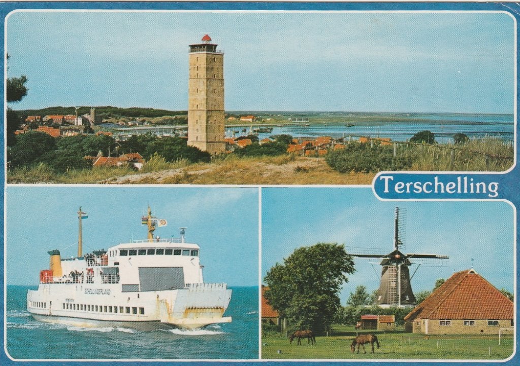TERSCHELLING Vuurtoren Veerboot Molen, Verzenden, 1980 tot heden, Gelopen, Waddeneilanden