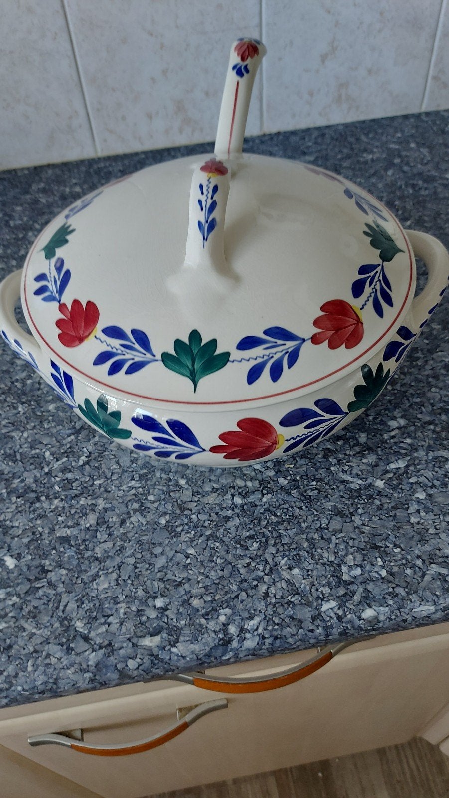 Boerenbont Soepterrine met lepel, Gebruikt, Ophalen of Verzenden, Aardewerk, Landelijk/Boerenbont