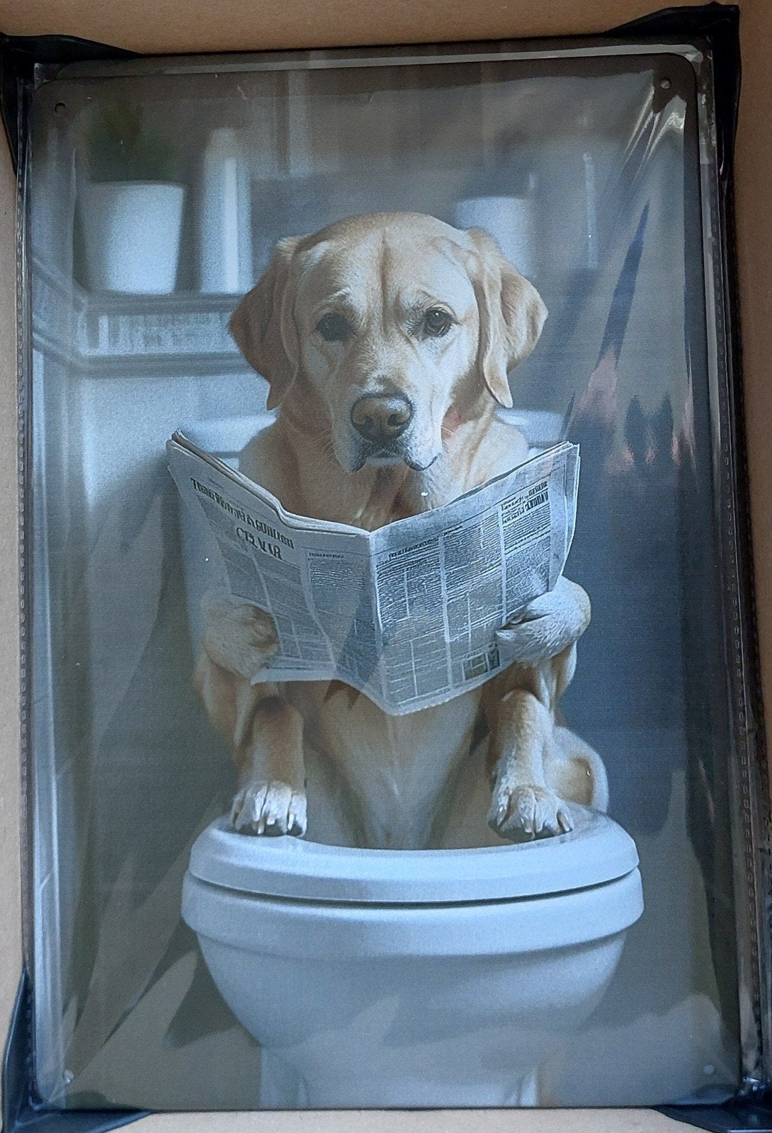 Metalen wandbord Labrador hond op toilet 20x30cm, Ophalen of Verzenden