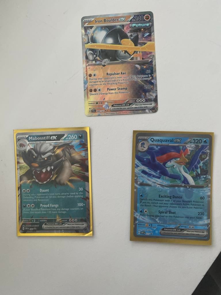 Pokémon Kaarten: Iron Boulder ex, Mabosstiff ex, Quaquaval e, Ophalen of Verzenden, Zo goed als nieuw, Meerdere kaarten