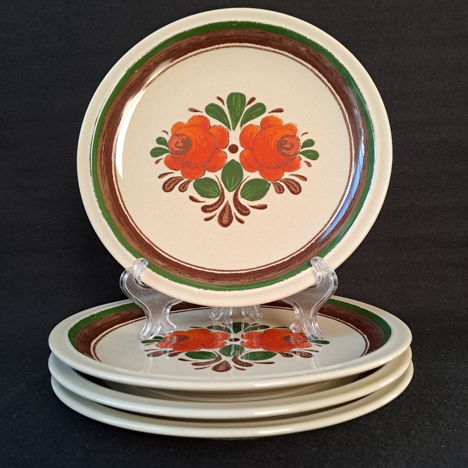 4 Vintage ontbijtborden 70's met oranje bloem (1), Ophalen of Verzenden, Zo goed als nieuw, Bord(en), Overige stijlen