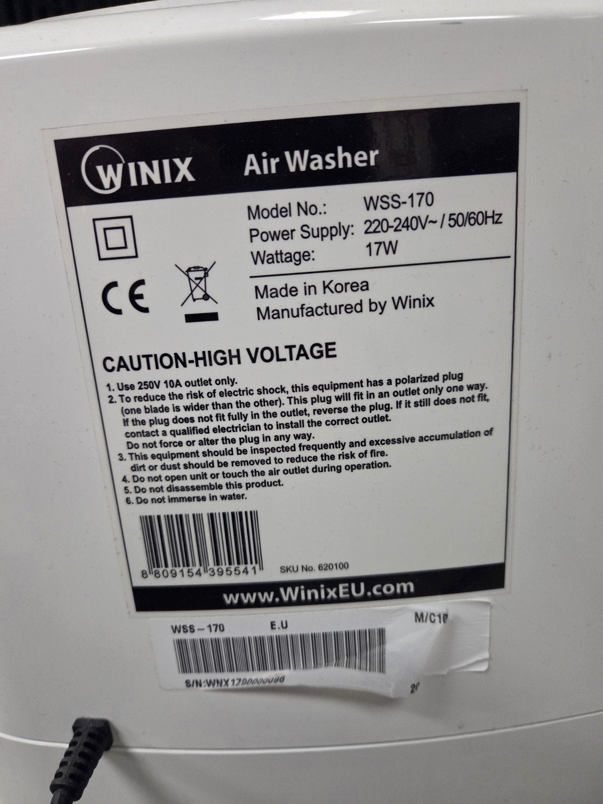 Winix WSS-170 PlasmaWave Luchtwasser & Luchtbevochtiger, Ophalen of Verzenden, Zo goed als nieuw, Luchtreiniger