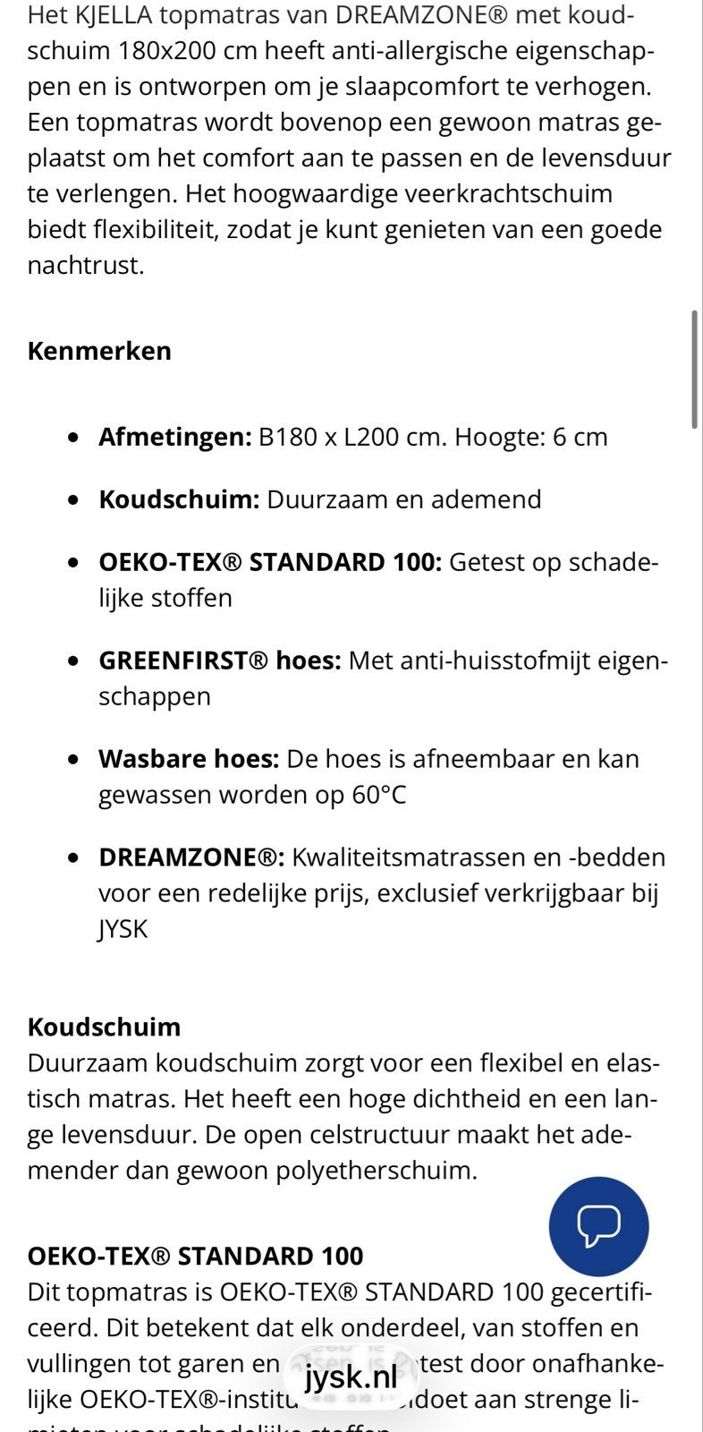 KJELLA Topmatras 180x200cm DREAMZONE koudschuim, Ophalen, Gebruikt, Tweepersoons, Matras