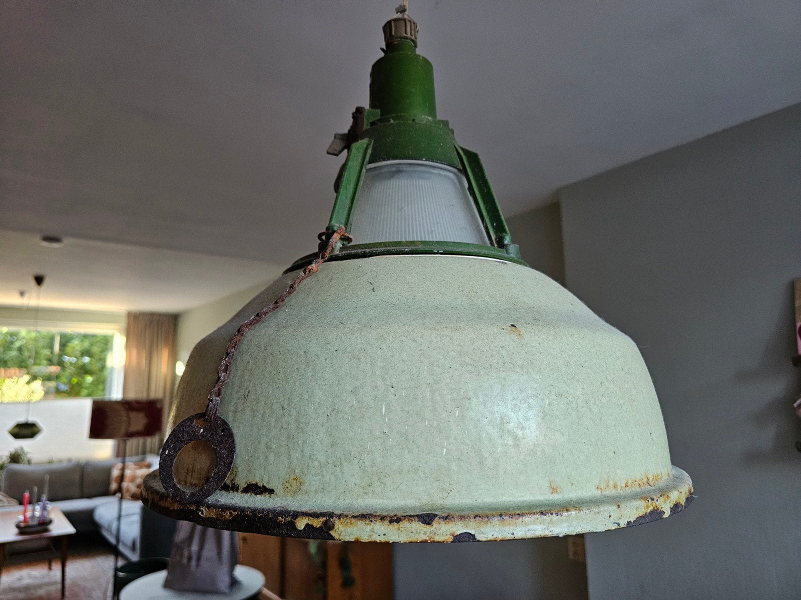 Vintage Industriële Hanglamp - Groen Geëmailleerd, Antiek en Kunst, Ophalen