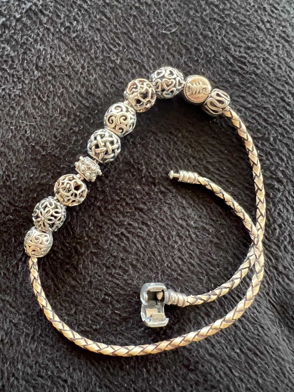 Pandora leren armband met zilveren kralen, Ophalen of Verzenden, Gebruikt, Leer