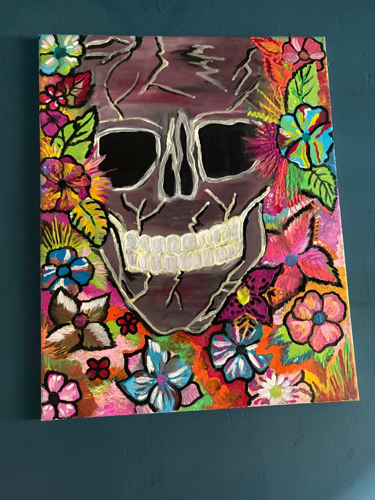 Handgemaakt Schilderij Doodshoofd met Glow in the Dark effec, Ophalen, Acrylverf, Overig onderwerp, Handgeschilderd