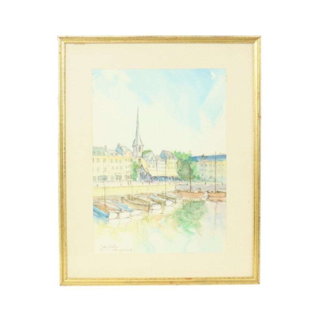 Charmant Schilderijtje Aquarel Carlier 1989 Honfleur Frankri, Ophalen of Verzenden, Ingelijst, Aquarel, Maritiem / water