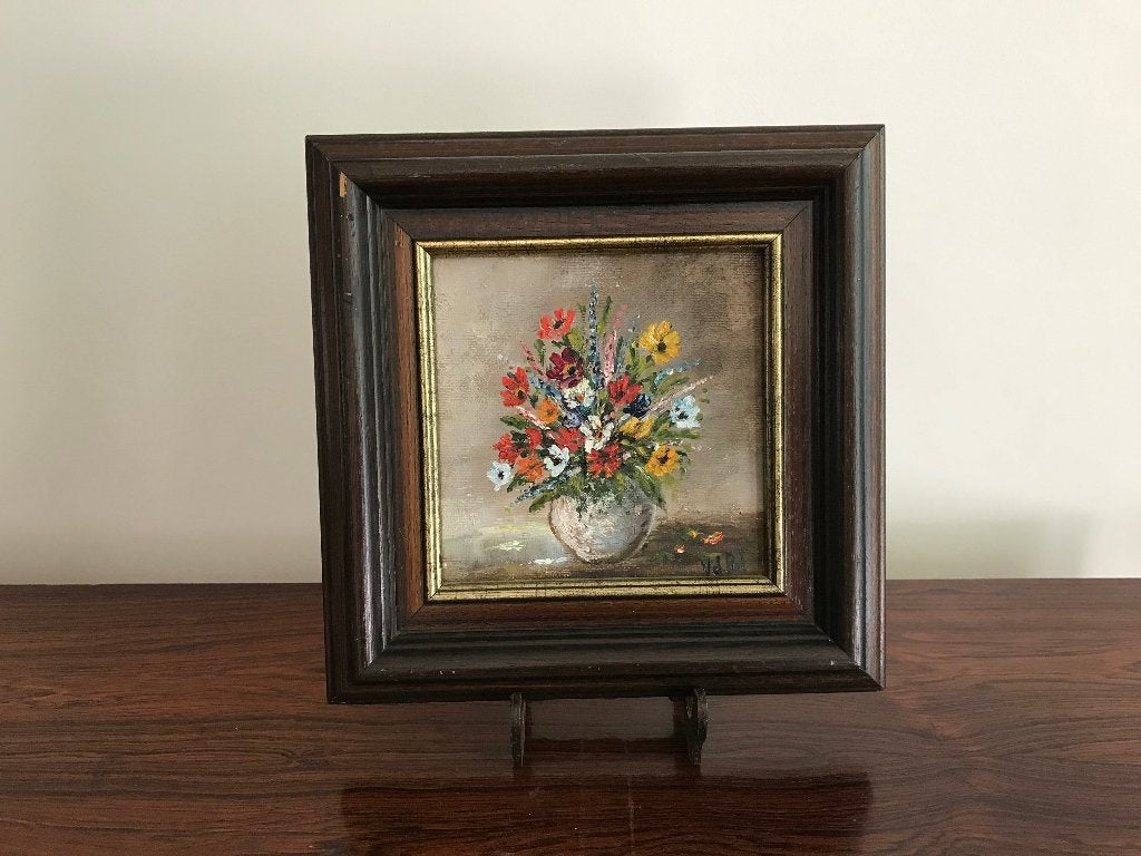 Schilderij bloemen in vaas op doek houten lijst Gesigneerd, Ophalen of Verzenden, Gesigneerd, Bloemen, Doek