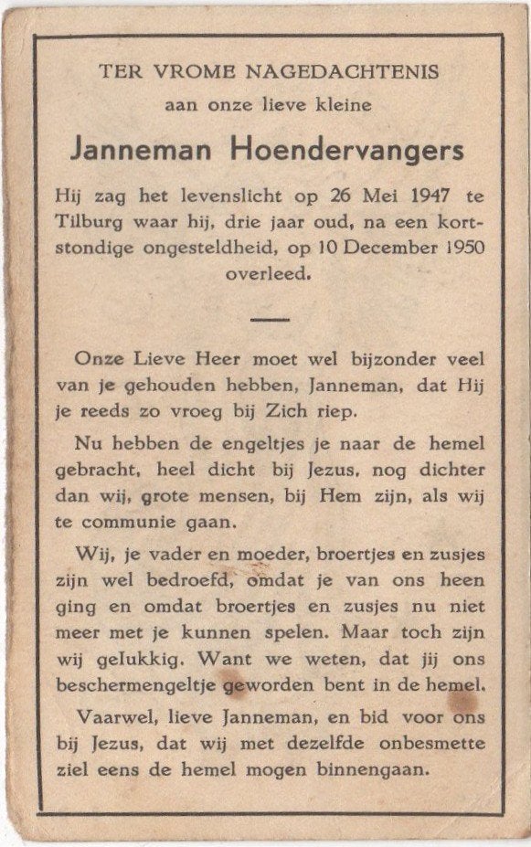 Janneman Hoendervangers 1947 - 1950 Tilburg, 3 jaar oud, Verzenden
