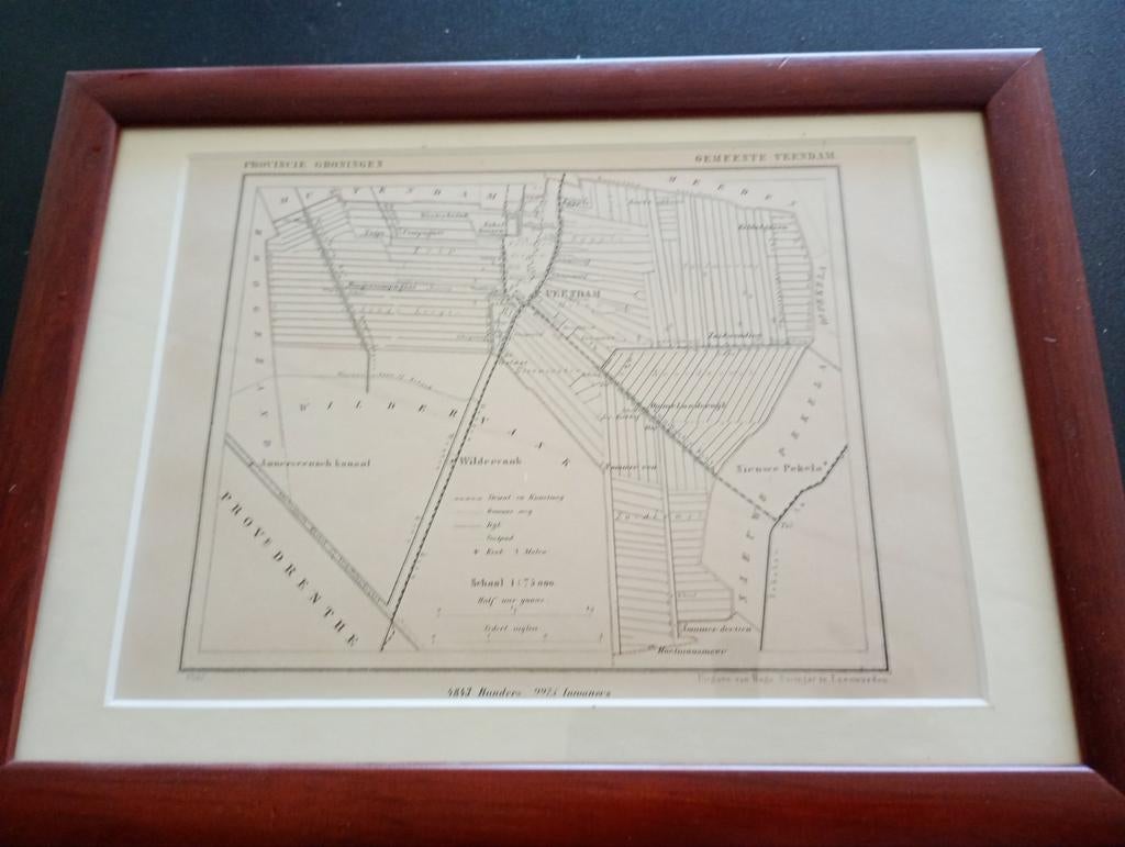 Oude ingelijste kaart van Oude en Nieuwe Pekela, 1853, Gelezen, Hugo Suringar, Ophalen of Verzenden, Landkaart