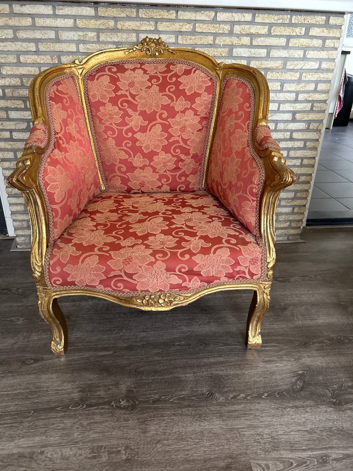 Antieke Barok Fauteuil - Rood met Goudkleurig Hout, Ophalen