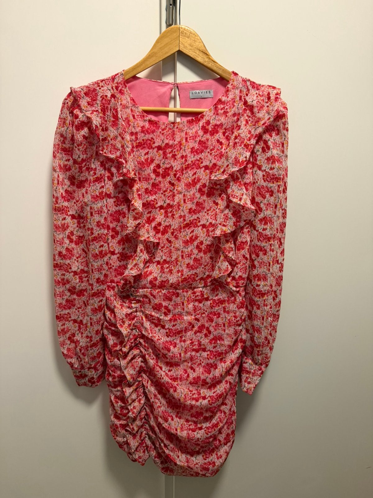 LOAVIES Bloemenjurk Ruffles Rimpeling Roze Rood Maat L #JG1, Maat 42/44 (L), Ophalen of Verzenden, Zo goed als nieuw, Roze