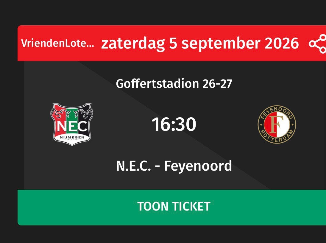 NEC -FEYENOORD  Kaartje, Tickets en Kaartjes, Seizoenskaart, Eén persoon