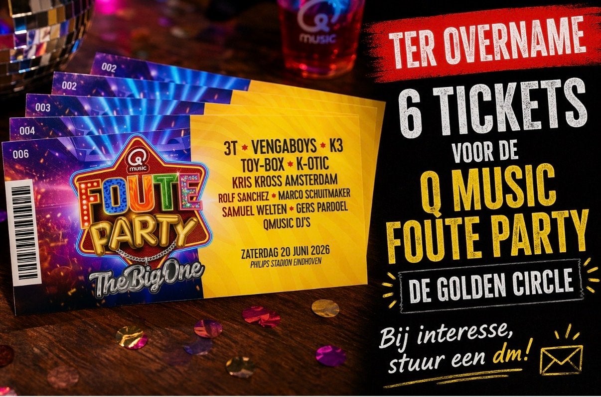 6 kaartjes voor Q-Music Foute Party te koop! Golden Circle!, Drie personen of meer, Juni