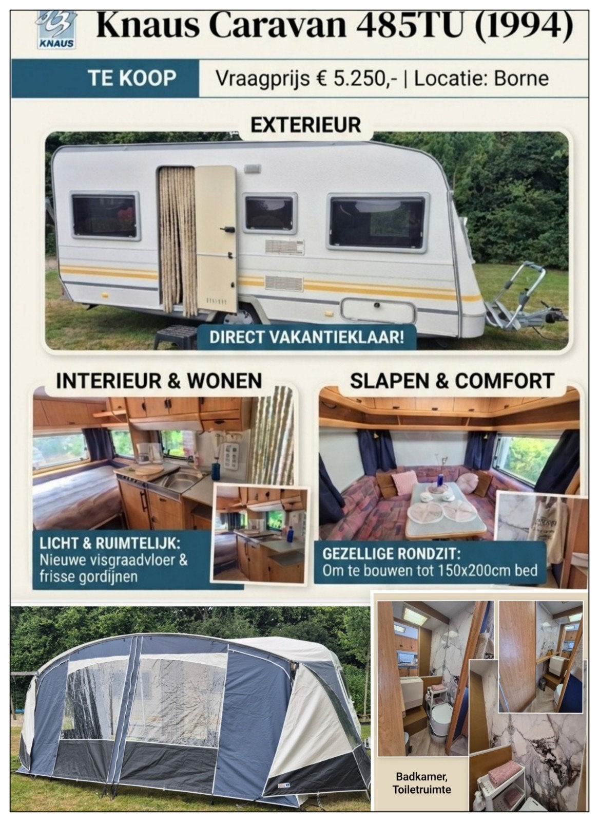 Knaus Caravan 485TU (1994) met Unico Voortent, Ophalen, Zo goed als nieuw, Tot en met 4