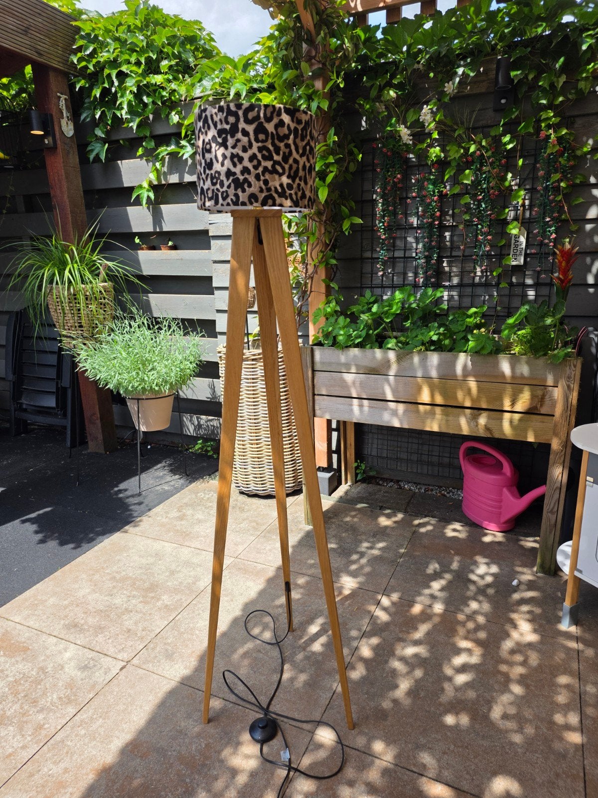 Staande lamp met luipaardprint lampenkap, Gebruikt, Modern, Bohemian, Ophalen of Verzenden, Stof