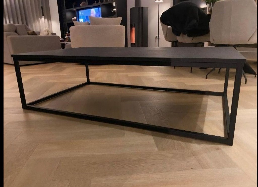 Dubbelman Design luxe Salontafel zwart eiken met staal frame, Ophalen, Nieuw, 50 tot 100 cm, Hotel Chique Eric Kuster Modern Japandi, Wabi Sabi
