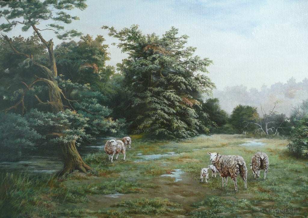 Landschap met schapen, Antiek en Kunst, Ophalen, Doek, Realistisch, Olieverf