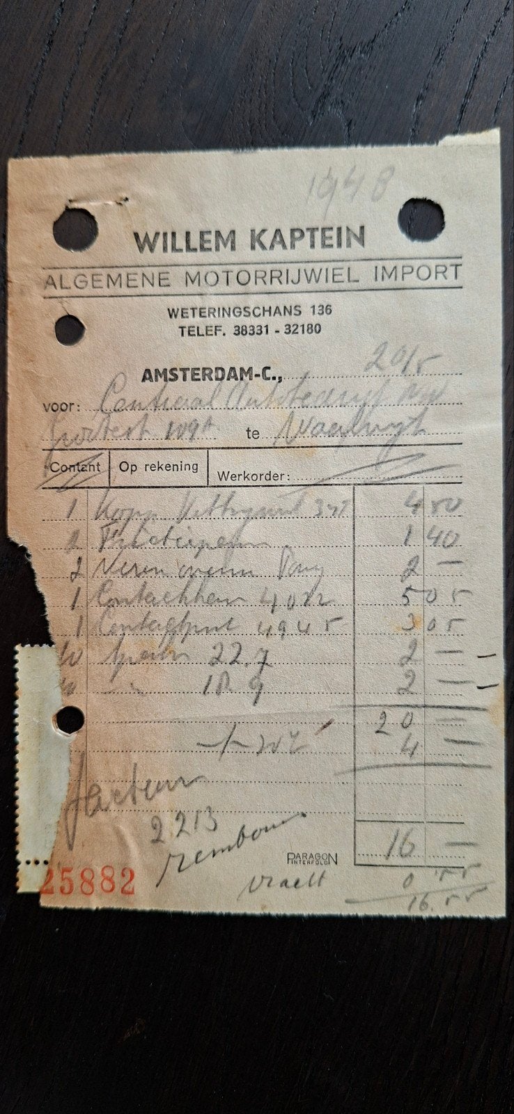 Oude factuur Willem Kaptein Motoren Import 1948, Verzenden, Gebruikt