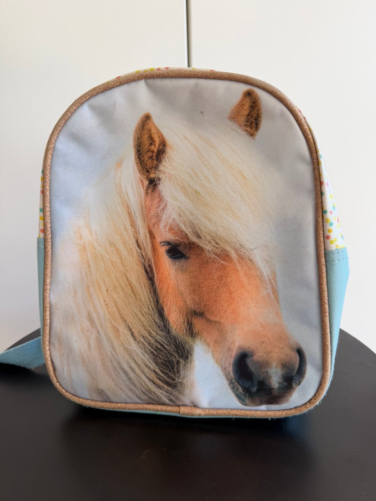 Lichtblauwe kinderrugzak met paardb, Ophalen of Verzenden, Zo goed als nieuw, Blauw, Rugtas