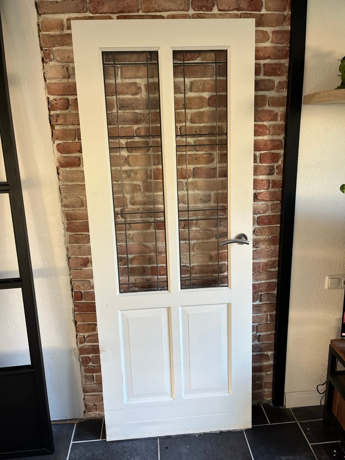 Mooie zware houten deur met glas in lood ruitjes, Ophalen, Gebruikt, Minder dan 80 cm, Binnendeur