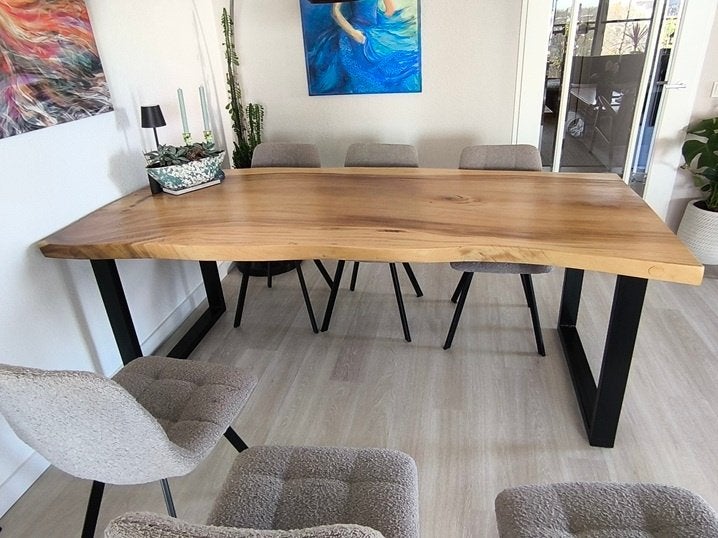 Eetkamer tafel van Suar Hout met Stalenonderstel, Ophalen, 200 cm of meer, 50 tot 100 cm, Zo goed als nieuw