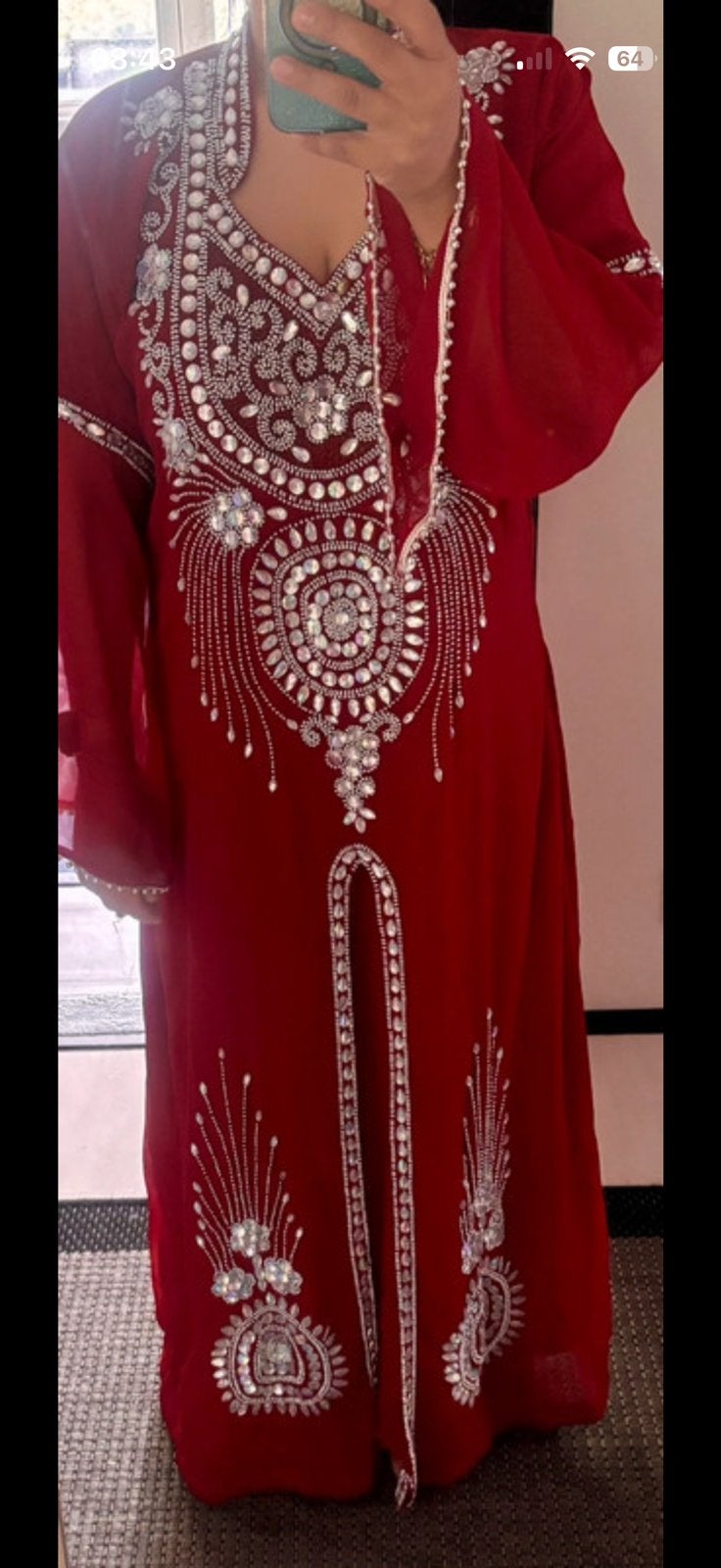 Rode Luxe Kaftan/Jalabiya met Zilveren Steentjes M/L, Maat 38/40 (M), Ophalen of Verzenden, Gedragen, Rood
