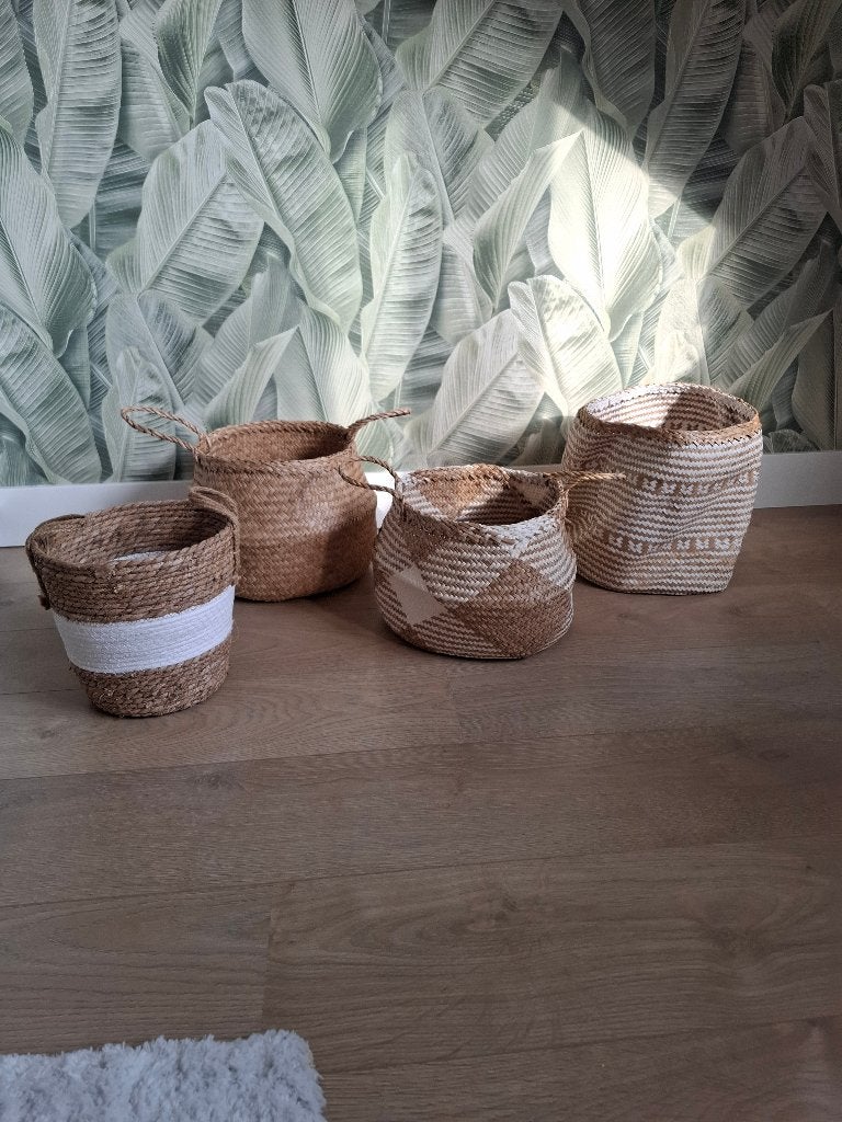 4 rieten manden ibiza boho look, Mand, Rond, Ophalen of Verzenden, Zo goed als nieuw