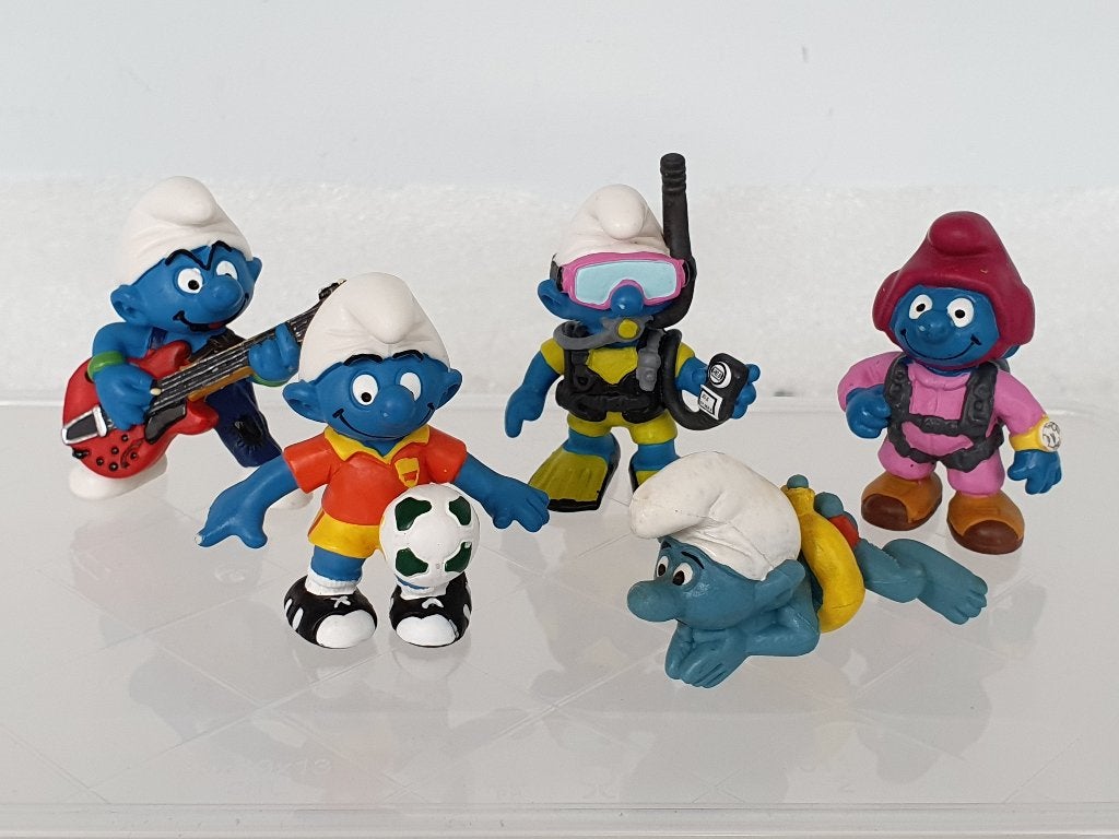 Lot van 5 Smurfen met verschillende hobby's (Schleich), Ophalen of Verzenden, Gebruikt, Verschillende Smurfen, Poppetje, Figuurtje of Knuffel