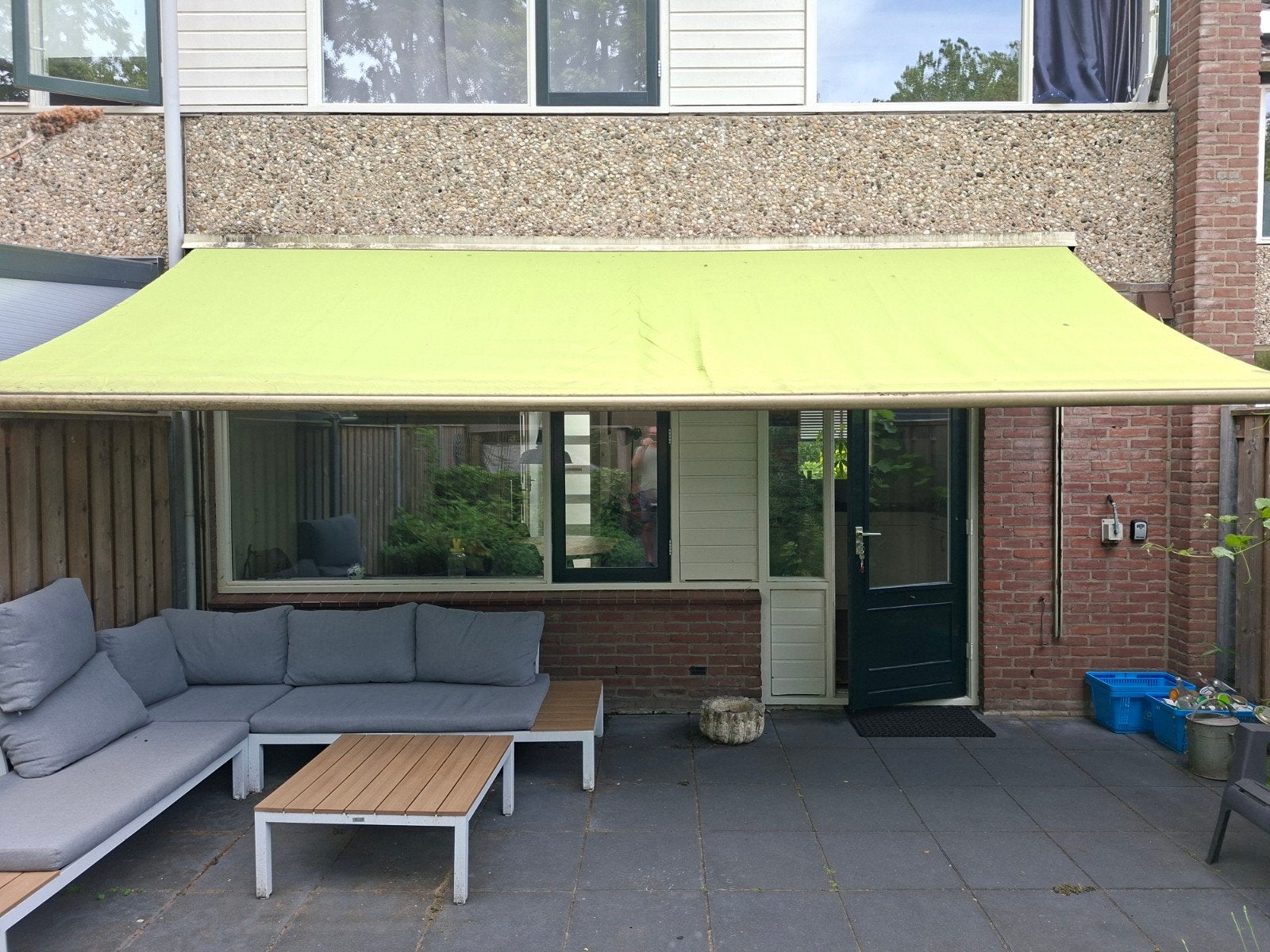 Groen knikarmscherm, handbediend, Tuin en Terras, Zonneschermen, Ophalen, Gebruikt, 150 tot 300 cm, 250 cm tot 450 cm
