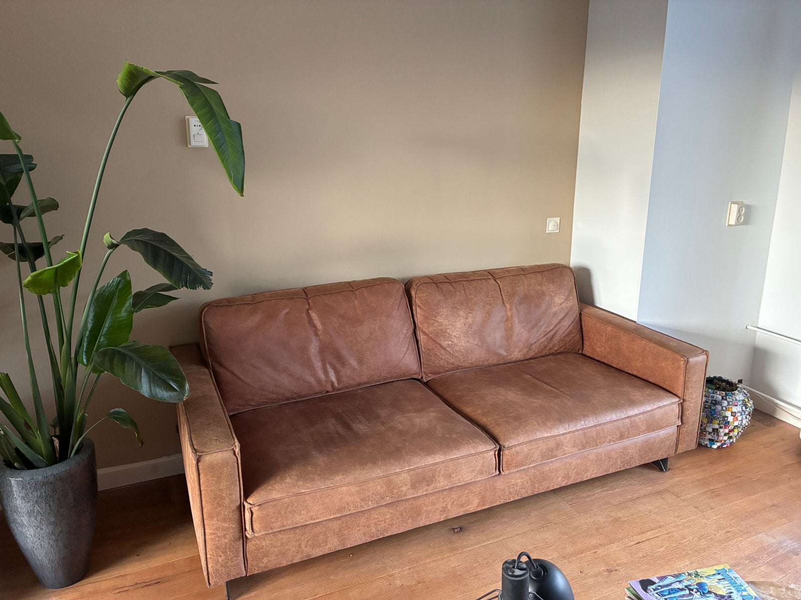 Cognac leren bank, Ophalen, Zo goed als nieuw, 75 tot 100 cm