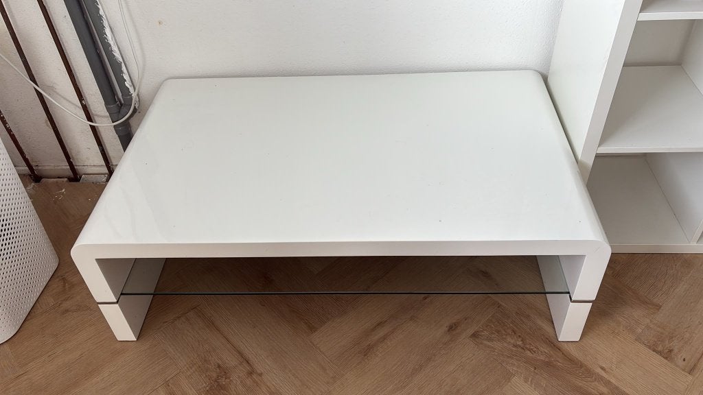 salontafel wit hoogglans met glasplaat modern, Ophalen, 100 tot 150 cm, 50 tot 100 cm, Zo goed als nieuw
