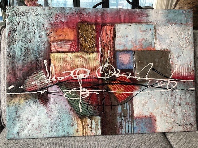 Abstract Olieverf Schilderij Textuur en Levendige Kleuren, Abstract, Ophalen of Verzenden, Gesigneerd, Gemengde techniek