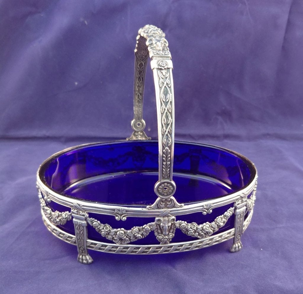 Zilveren Hengselmand met Blauw Glazen Bak, Ophalen of Verzenden