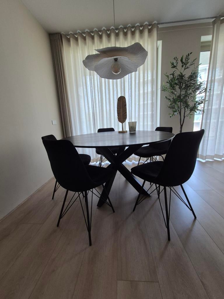 Eetkamer tafel met stervoet en 6 velvet stoelen, Ophalen, Rond, 200 cm of meer, 50 tot 100 cm