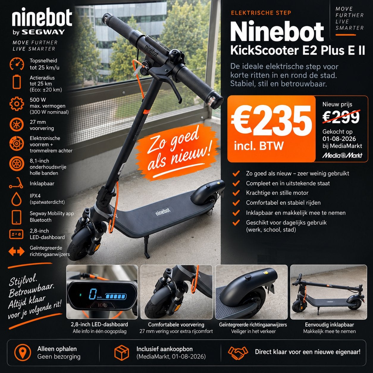 Ninebot Segway E2 Plus E II – Zo goed als nieuw + bon, Fietsen en Brommers, Ophalen, Zo goed als nieuw, Elektrische step (E-scooter)